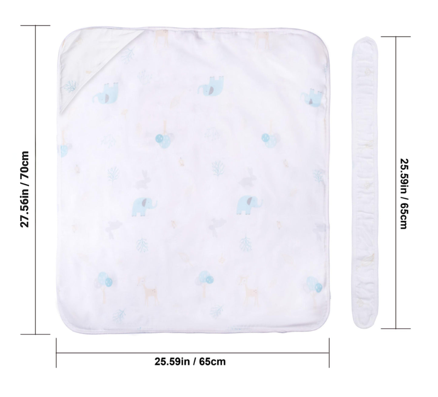 Size specifications chart of a lightweight nursery swaddling blanket and tie, displaying dimensions of 27.56in by 25.59in (70cm by 65cm).