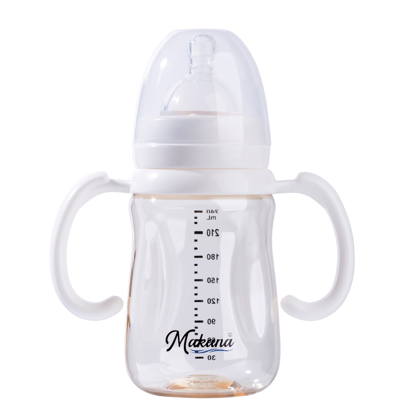 Makana wide neck PPSU baby feeding bottle installed with official easy grip trainer handle.