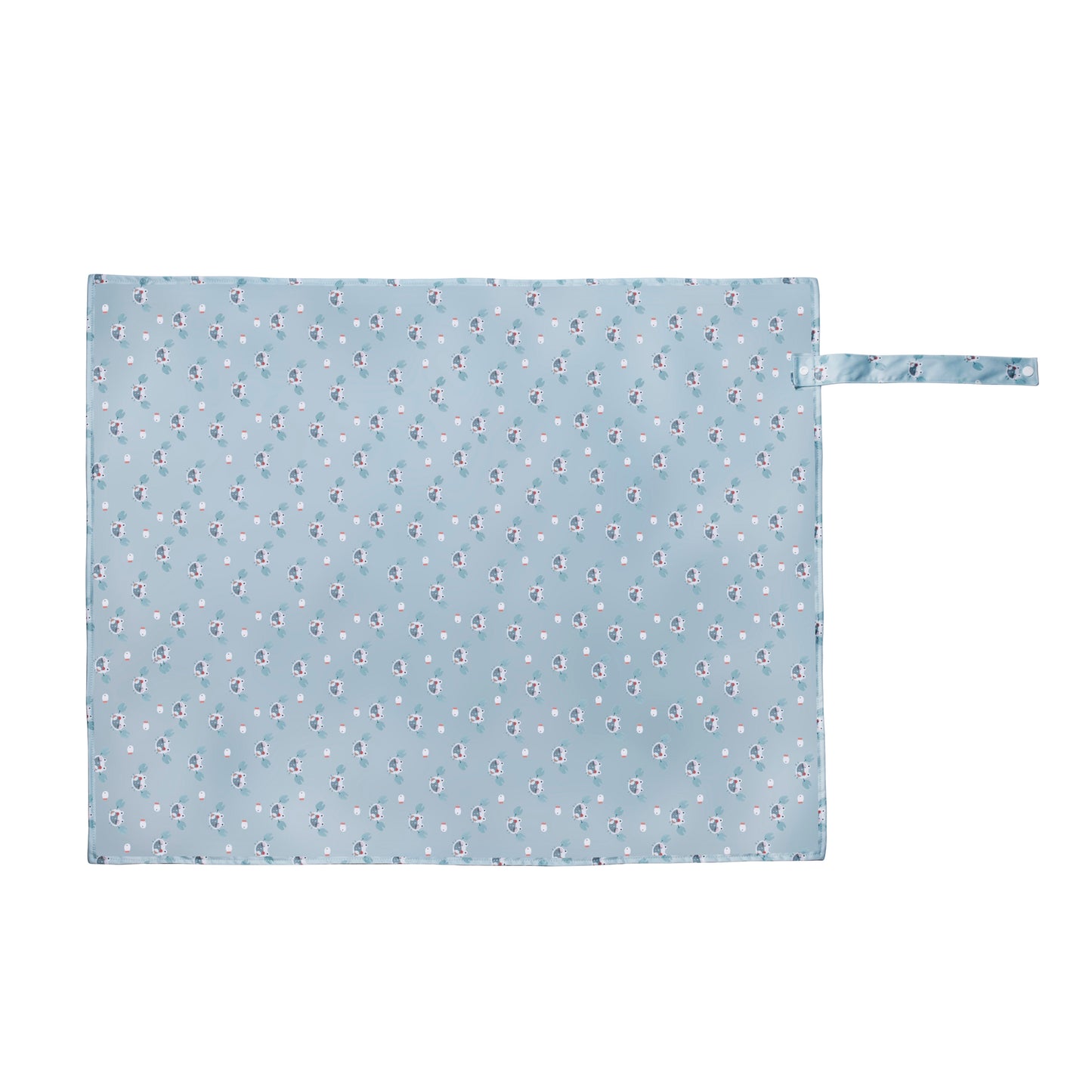 Full view of an opened Makana water repellent diaper changing mat featuring a light blue crab and sea life pattern on a flat surface.