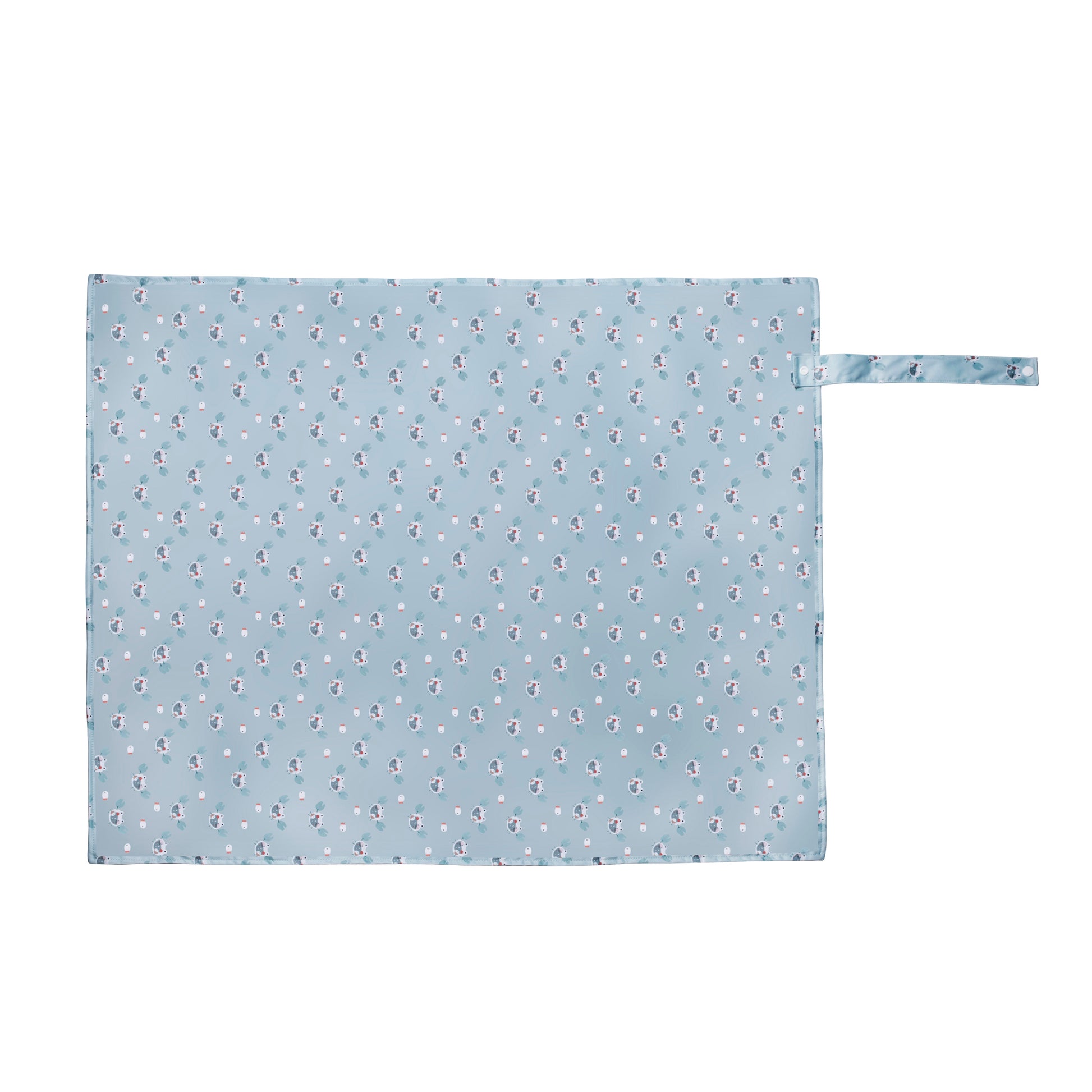 Full view of an opened Makana water repellent diaper changing mat featuring a light blue crab and sea life pattern on a flat surface.
