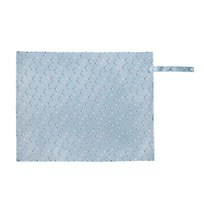 Full view of an opened Makana water repellent diaper changing mat featuring a light blue crab and sea life pattern on a flat surface.
