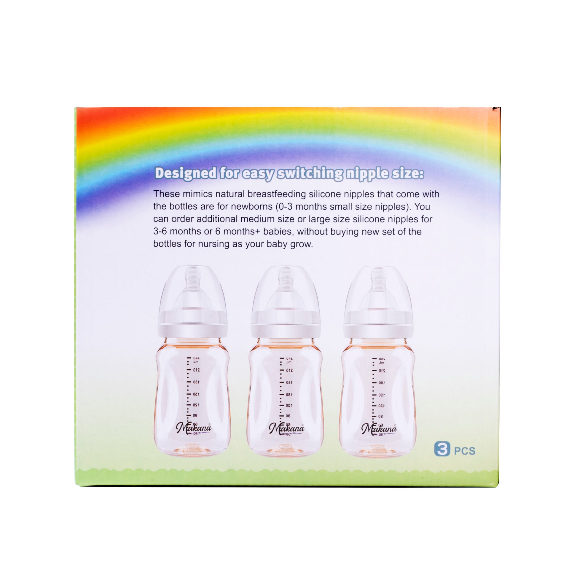 The back of the packaging showcasing the 3-pack PPSU baby feeding bottle set with soft silicone nipples.