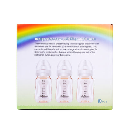 The back of the packaging showcasing the 3-pack PPSU baby feeding bottle set with soft silicone nipples.
