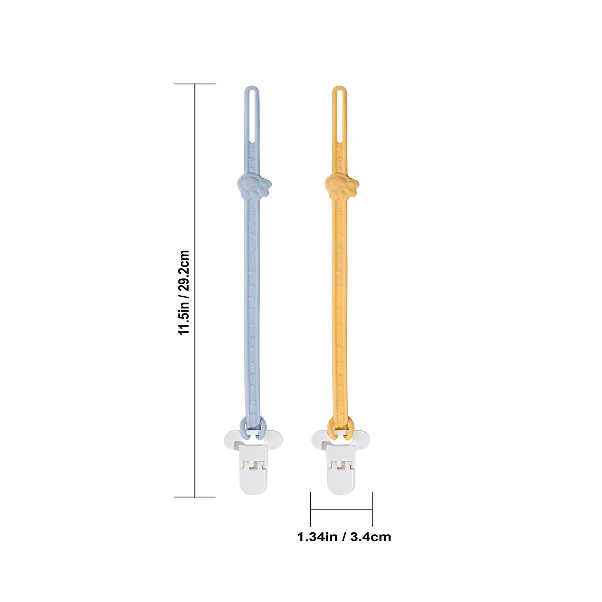 Dimensions and size chart of the adjustable pacifier strap showing 11.5 inches length and 1.34 inches clamp width.