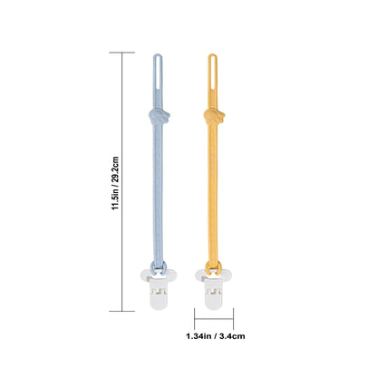 Dimensions and size chart of the adjustable pacifier strap showing 11.5 inches length and 1.34 inches clamp width.