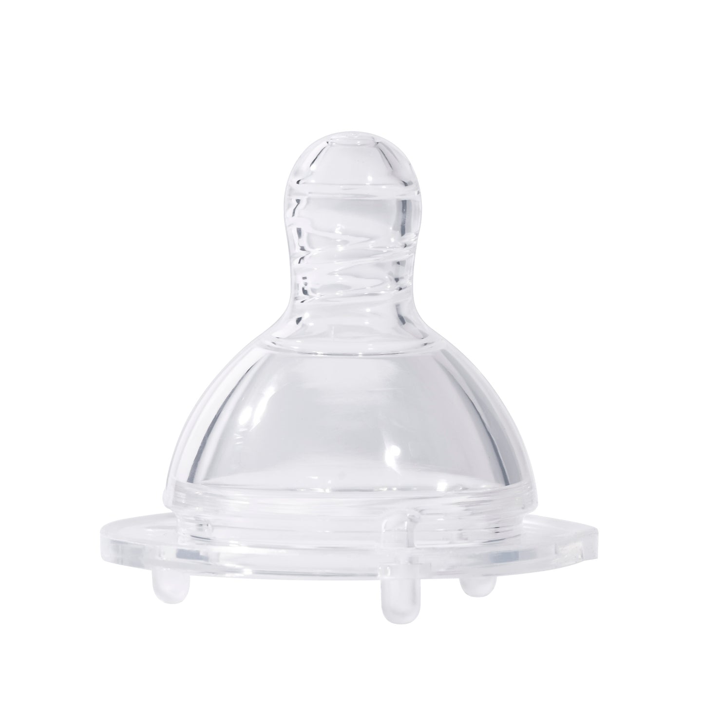 A clear wide neck anti colic bottle nipple made of food-grade silicone, showing its natural flow breastfeeding design.