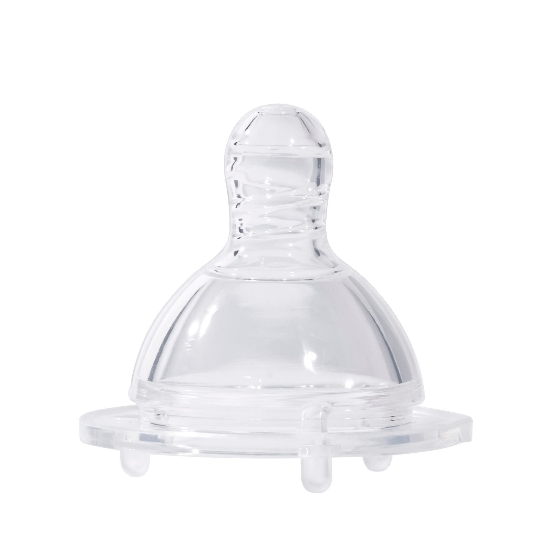A clear wide neck anti colic bottle nipple made of food-grade silicone, showing its natural flow breastfeeding design.