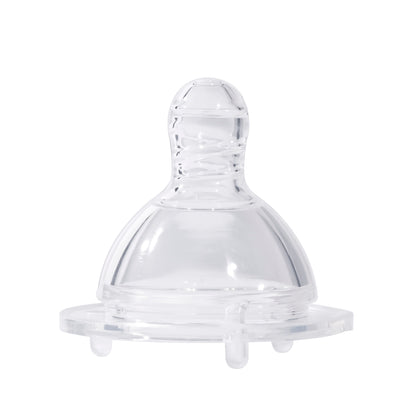 A clear wide neck anti colic bottle nipple made of food-grade silicone, showing its natural flow breastfeeding design.
