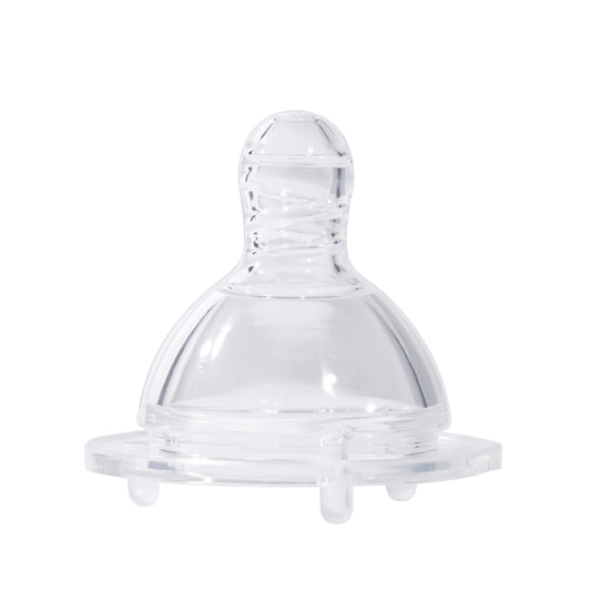 A clear wide neck anti colic bottle nipple made of food-grade silicone, showing its natural flow breastfeeding design.