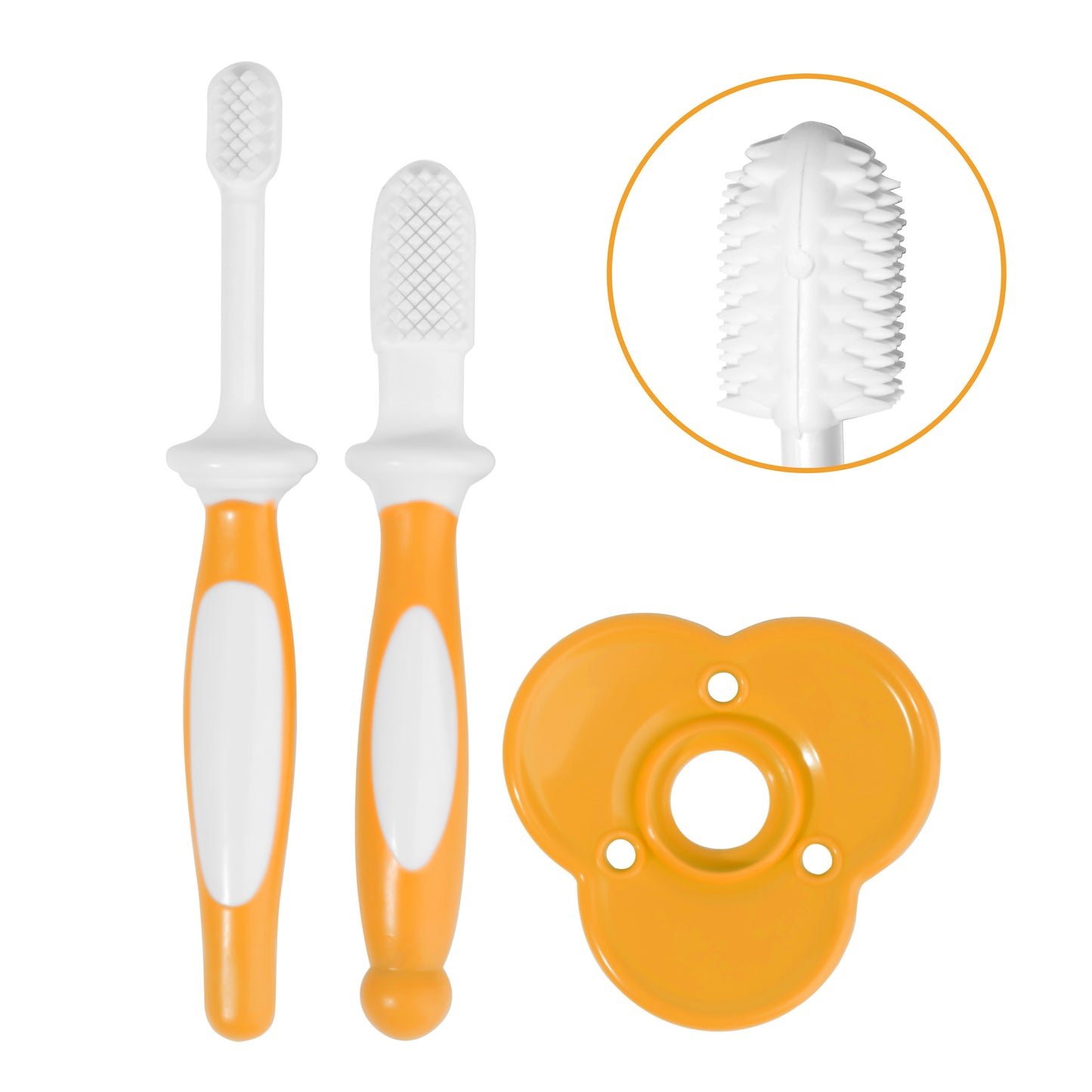 A 2-piece baby training toothbrush set with shield in soft orange, featuring an infant silicone toothbrush for teething and gum massage.
