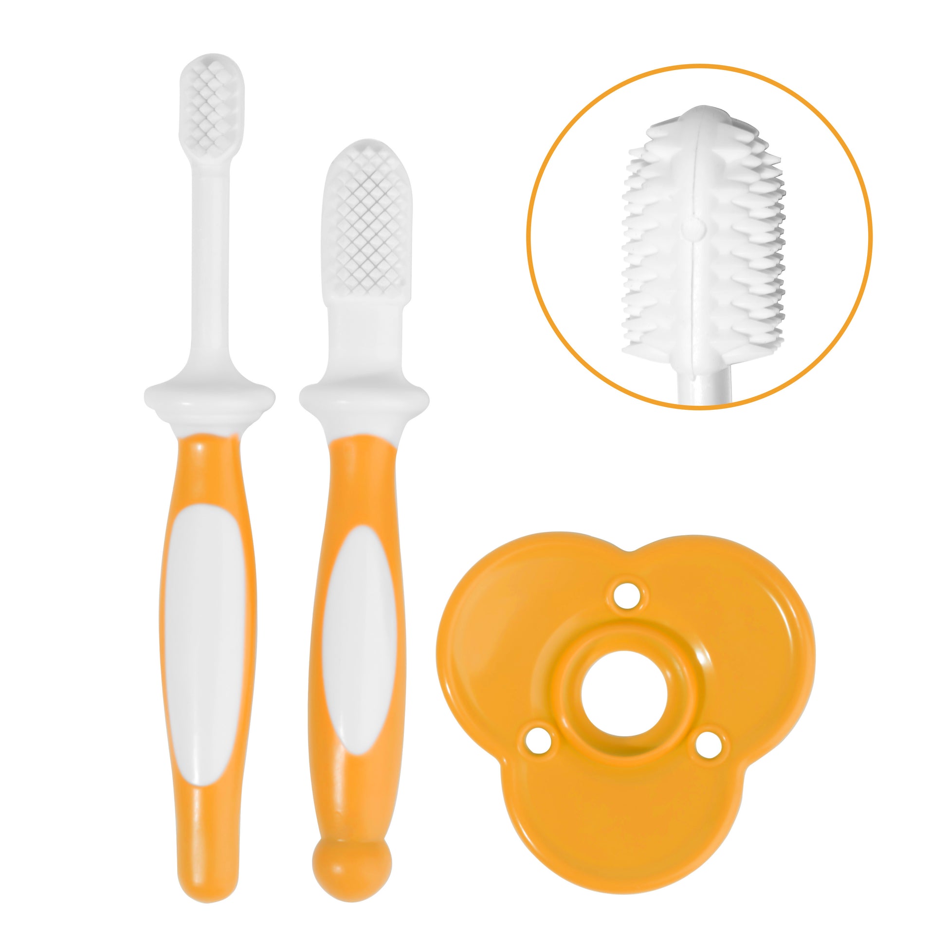 A 2-piece baby training toothbrush set with shield in soft orange, featuring an infant silicone toothbrush for teething and gum massage.