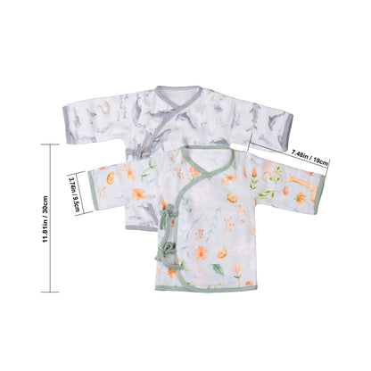 Size specifications chart of organic bamboo muslin baby kimono style tops, displaying dimensions 11.81in/30cm (length), 3.74in/9.5cm (sleeve width), and 7.48in/19cm (shoulder width).