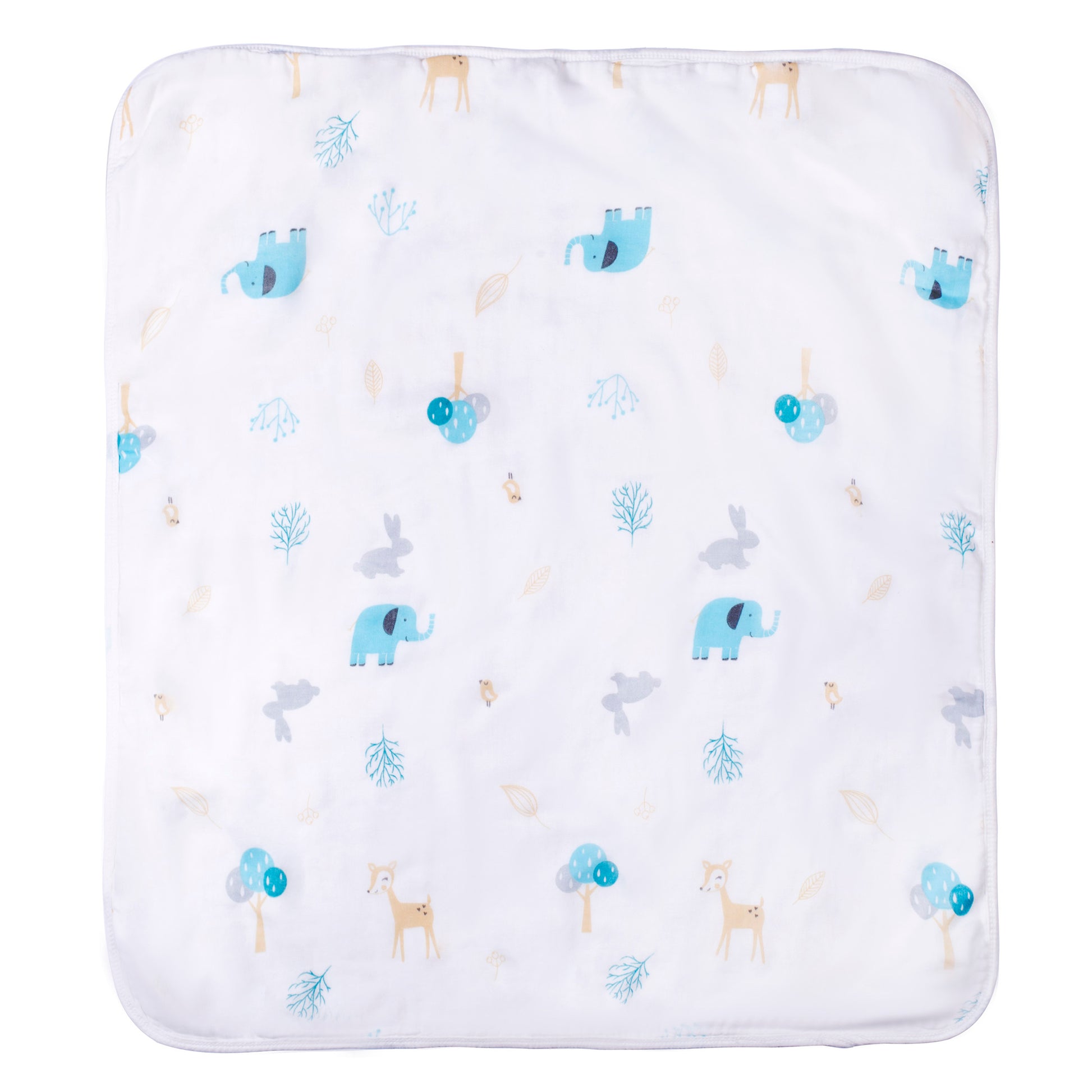 A white 4-layer bamboo muslin swaddle blanket laid flat, featuring cute blue elephant, deer, and rabbit nursery prints.