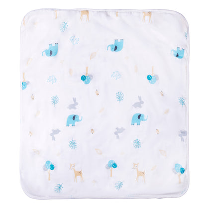 A white 4-layer bamboo muslin swaddle blanket laid flat, featuring cute blue elephant, deer, and rabbit nursery prints.