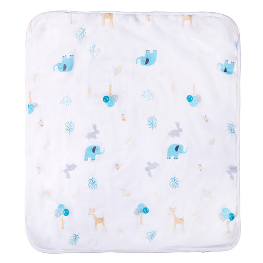 A white 4-layer bamboo muslin swaddle blanket laid flat, featuring cute blue elephant, deer, and rabbit nursery prints.