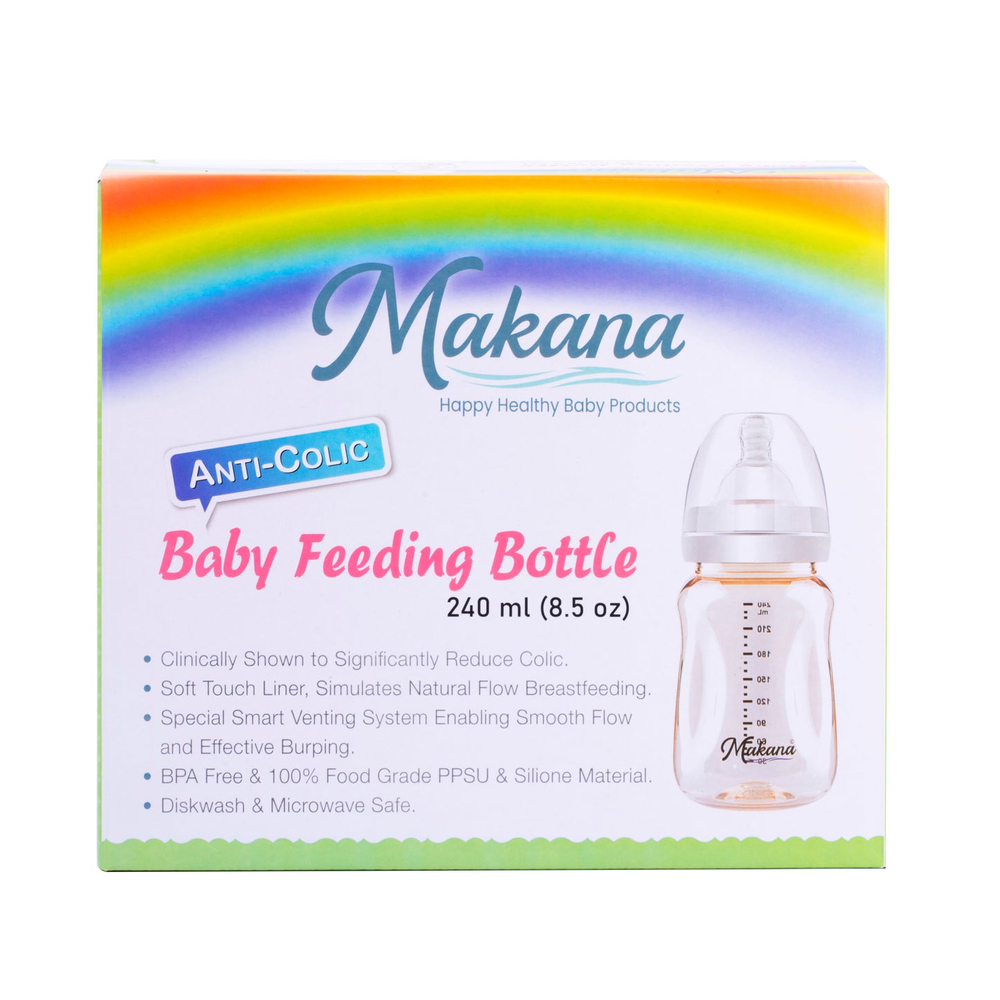 Makana brand baby feeding bottle box packaging highlighting the best bottles for colic and gas prevention.