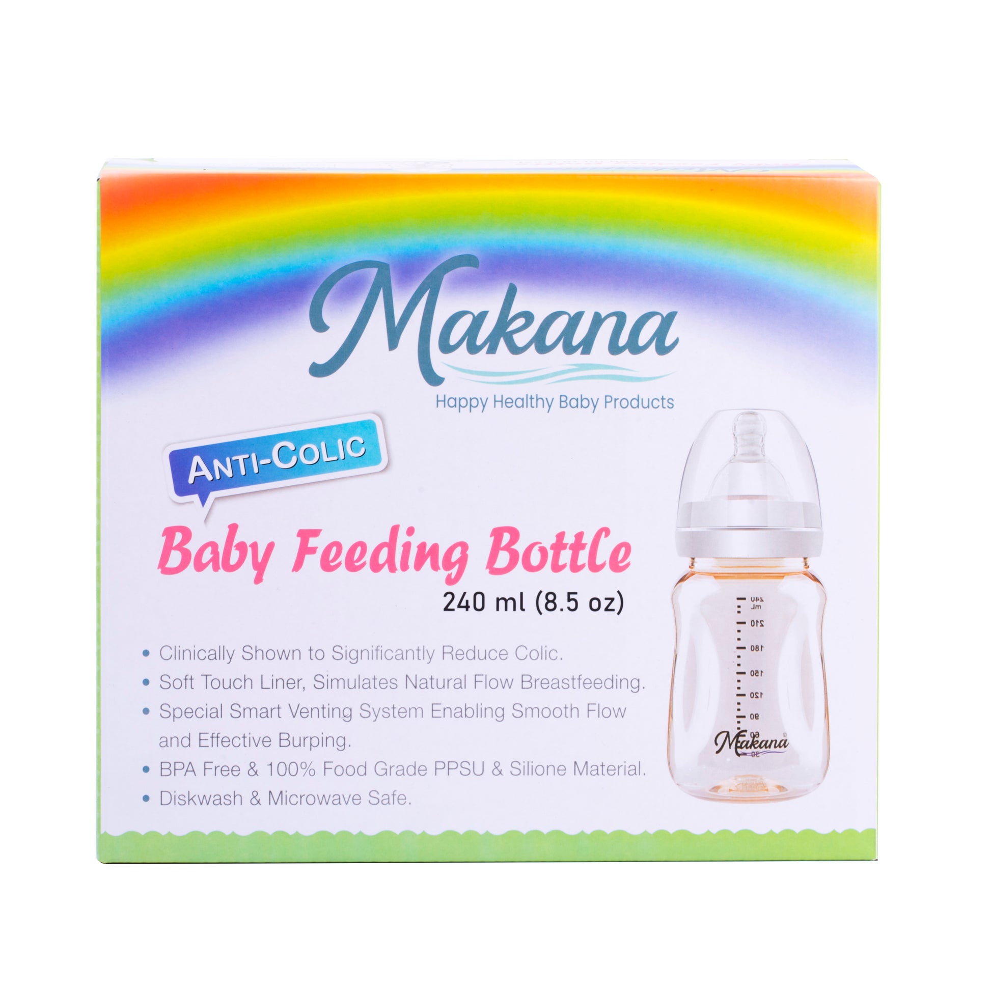 Makana brand baby feeding bottle box packaging highlighting the best bottles for colic and gas prevention.