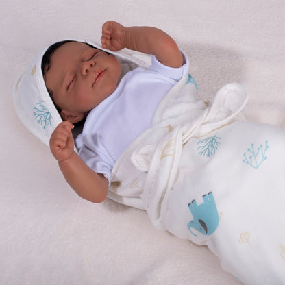 A newborn baby snugly wrapped in a breathable newborn receiving blanket with the attached hood on, preventing overheating for better sleep.