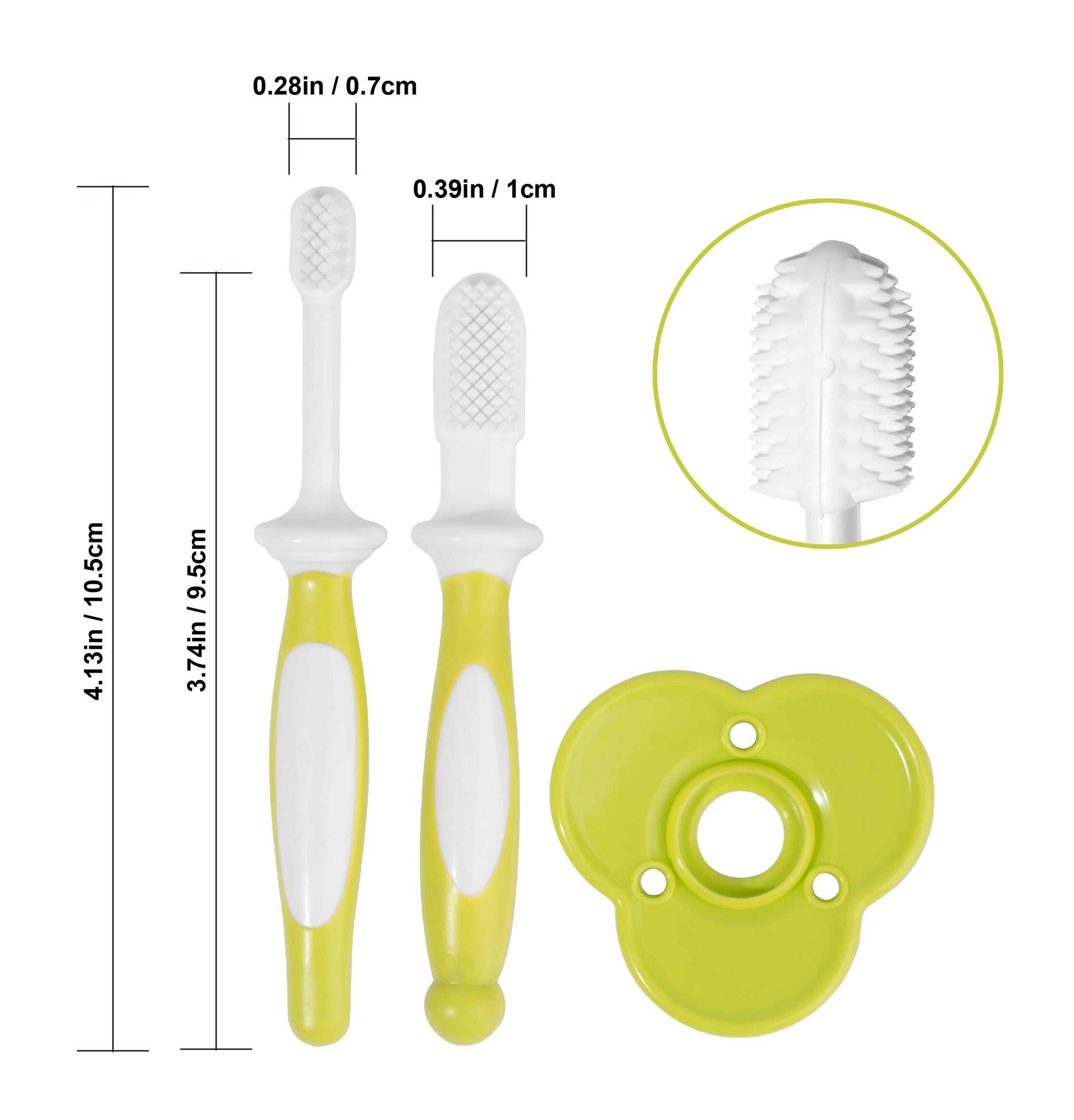 Detailed dimensions chart of the green choke guard baby oral care kit, displaying exact safety shield measurements to prevent throat over-insertion.