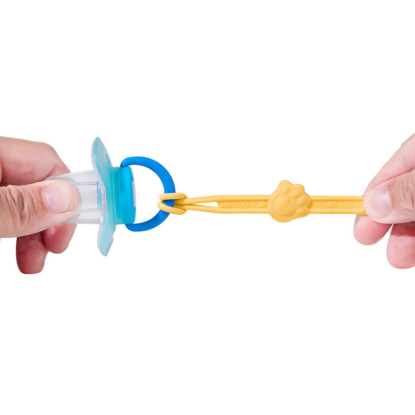 Hands stretching a yellow teething pacifier clip connected to a blue pacifier to perform a durability and tear-resistant safety test.