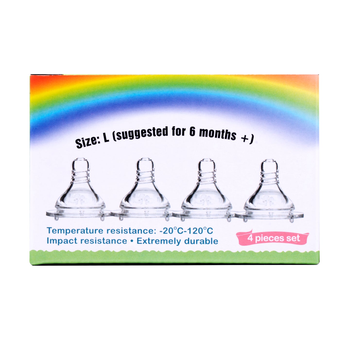 The back of the Makana nipple box showing Size L fast flow replacement nipples, suggested for active feeders 6 months old and up.