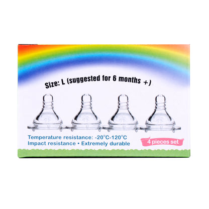 The back of the Makana nipple box showing Size L fast flow replacement nipples, suggested for active feeders 6 months old and up.