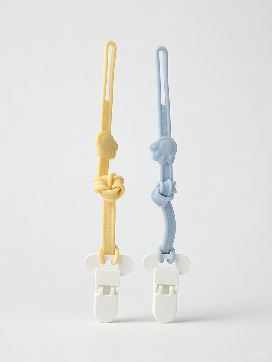 Two highly flexible teething pacifier clips in yellow and blue tied in gentle knots to showcase the ultra-soft food-grade silicone texture.