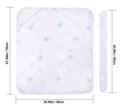Size specifications chart of a lightweight nursery swaddling blanket and tie, displaying dimensions of 27.56in by 25.59in (70cm by 65cm).