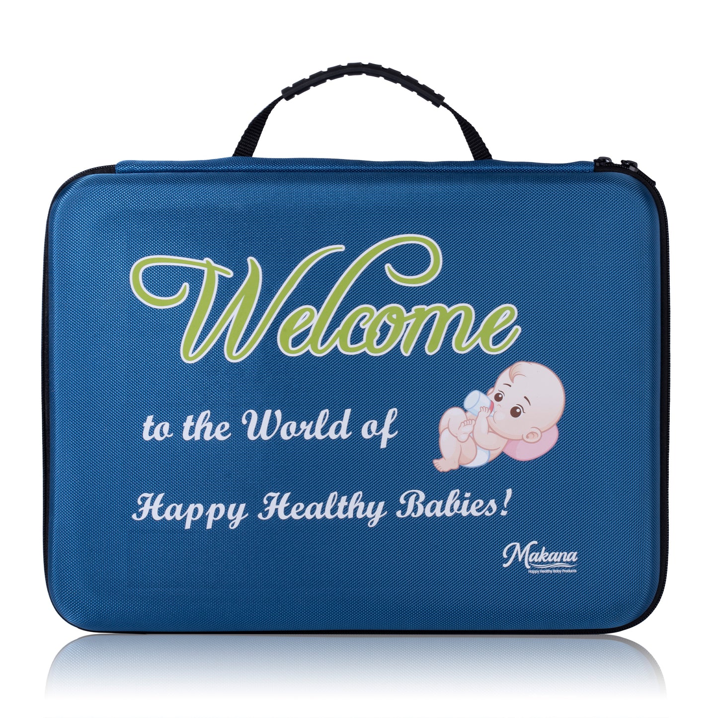 Front view of a closed blue baby travel bag with 'Welcome to the World of Happy Healthy Babies!' text and a baby illustration, positioned as a unique luxury baby shower gift basket.