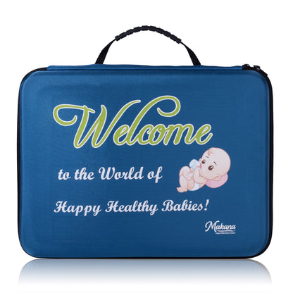 Front view of a closed blue baby travel bag with 'Welcome to the World of Happy Healthy Babies!' text and a baby illustration, positioned as a unique luxury baby shower gift basket.