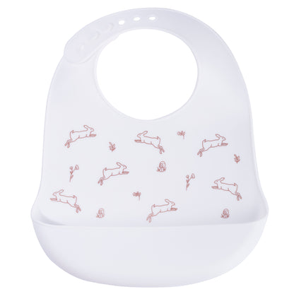 Makana white waterproof silicone food catcher bib with cute bunny pattern, a wide open pocket, and adjustable neck strap.