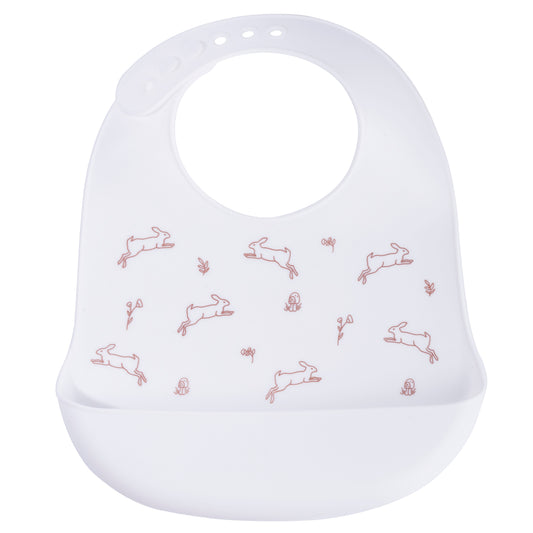 Makana white waterproof silicone food catcher bib with cute bunny pattern, a wide open pocket, and adjustable neck strap.