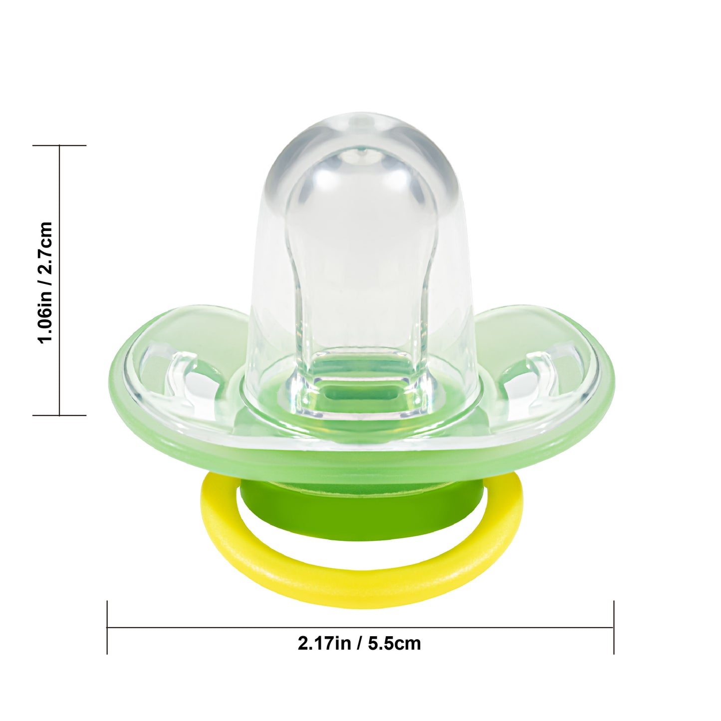 Size chart and dimensions of Makana baby soother showing 5.5cm width and 2.7cm nipple length.