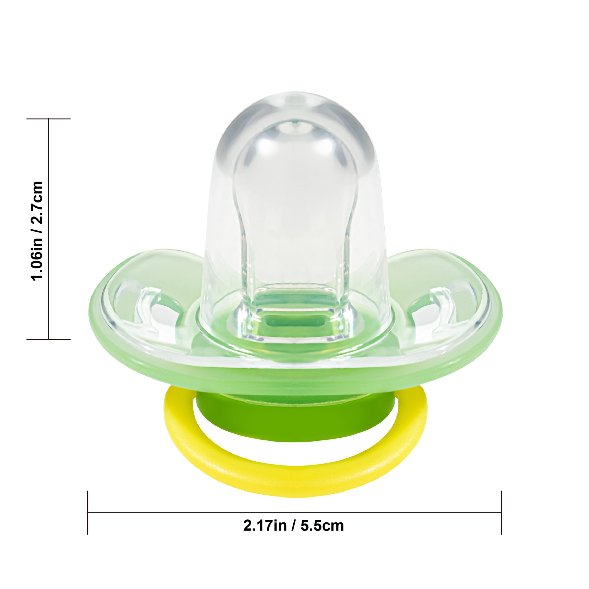 Size chart and dimensions of Makana baby soother showing 5.5cm width and 2.7cm nipple length.