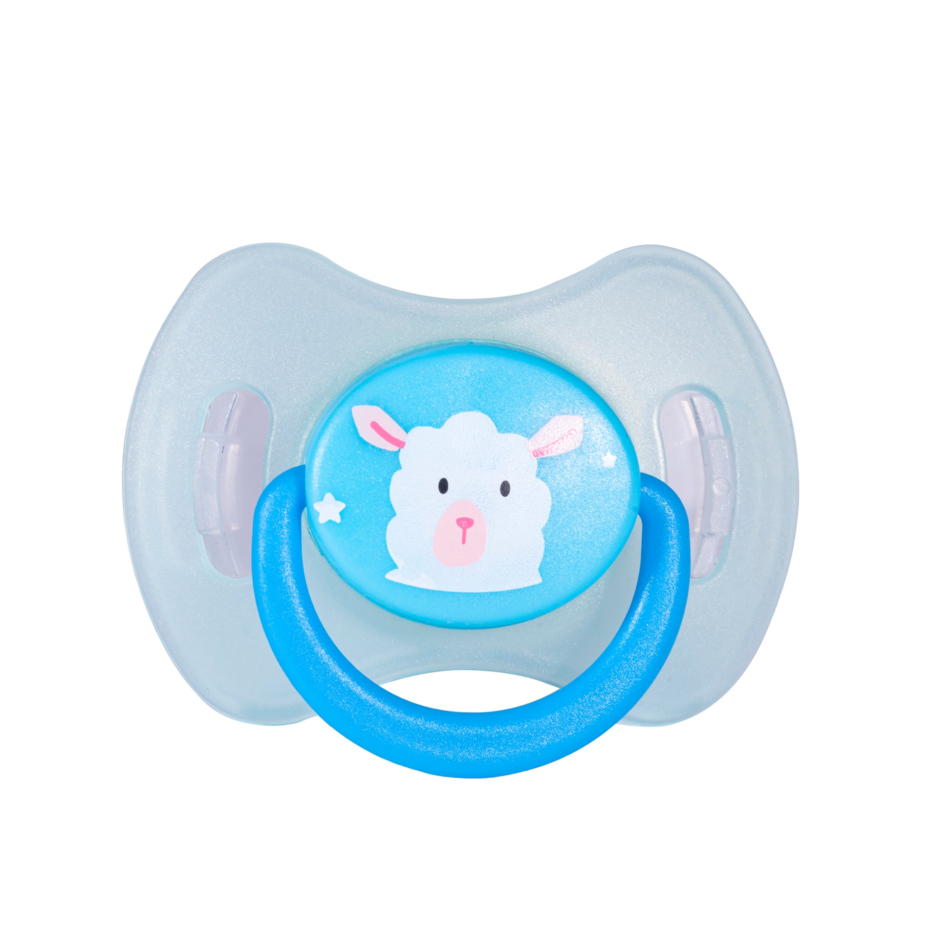 Makana blue sheep pattern baby binkies designed with a ventilated shield to stop skin irritation.