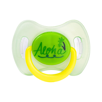 Makana green Aloha design pacifier with large airflow holes so the pacifier keeps falling out less.