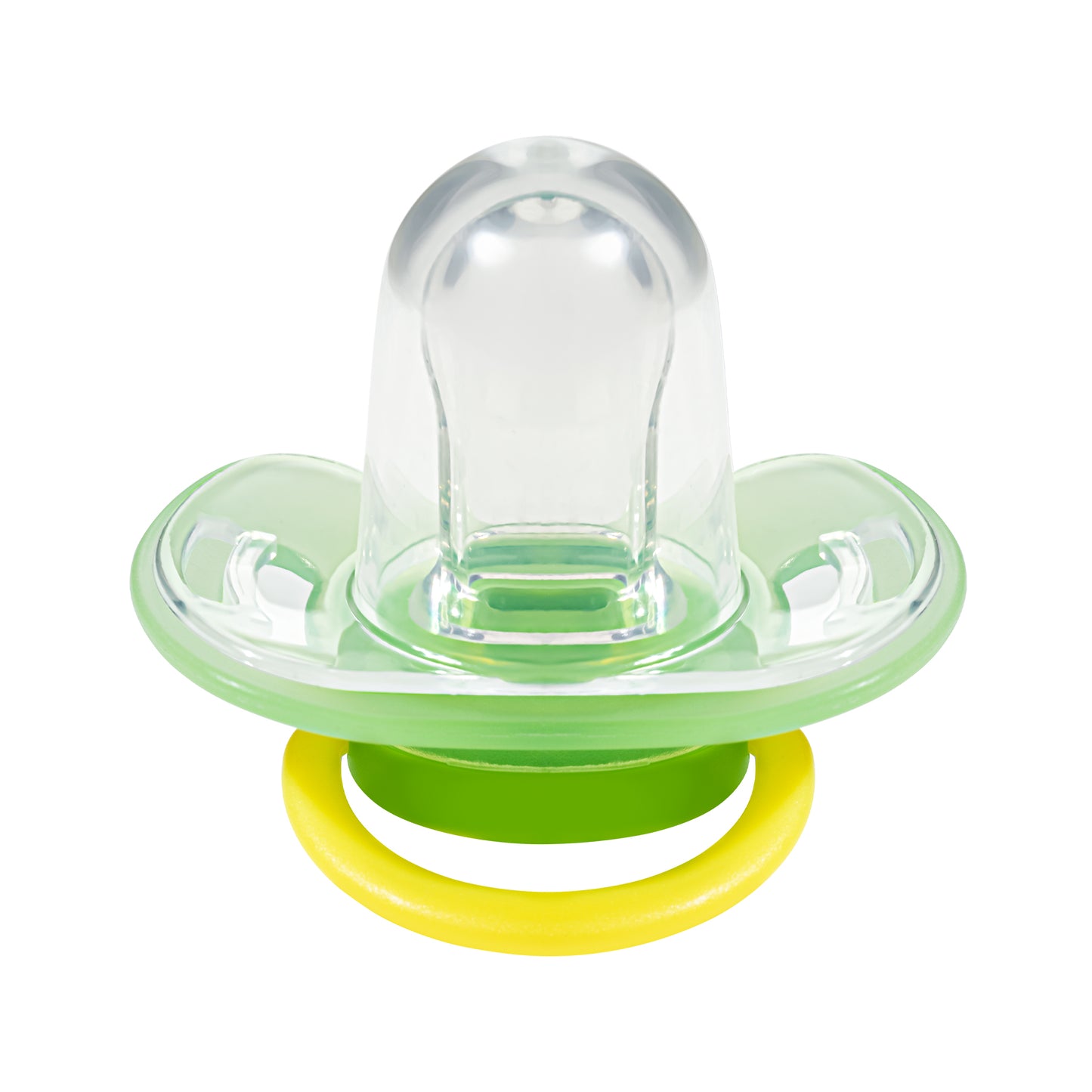 Symmetrical flat nipple of Makana pacifier that mimics breast shapes for healthy oral development.