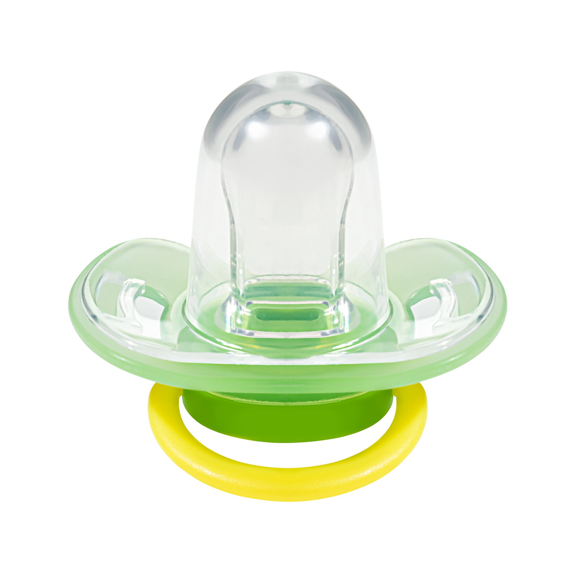 Symmetrical flat nipple of Makana pacifier that mimics breast shapes for healthy oral development.