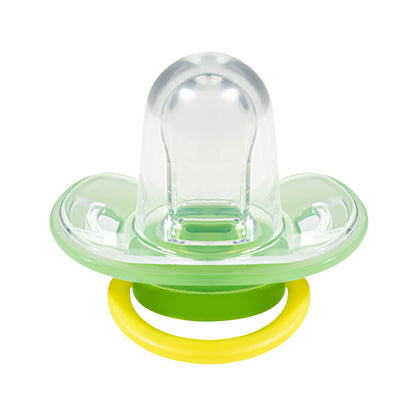 Symmetrical flat nipple of Makana pacifier that mimics breast shapes for healthy oral development.
