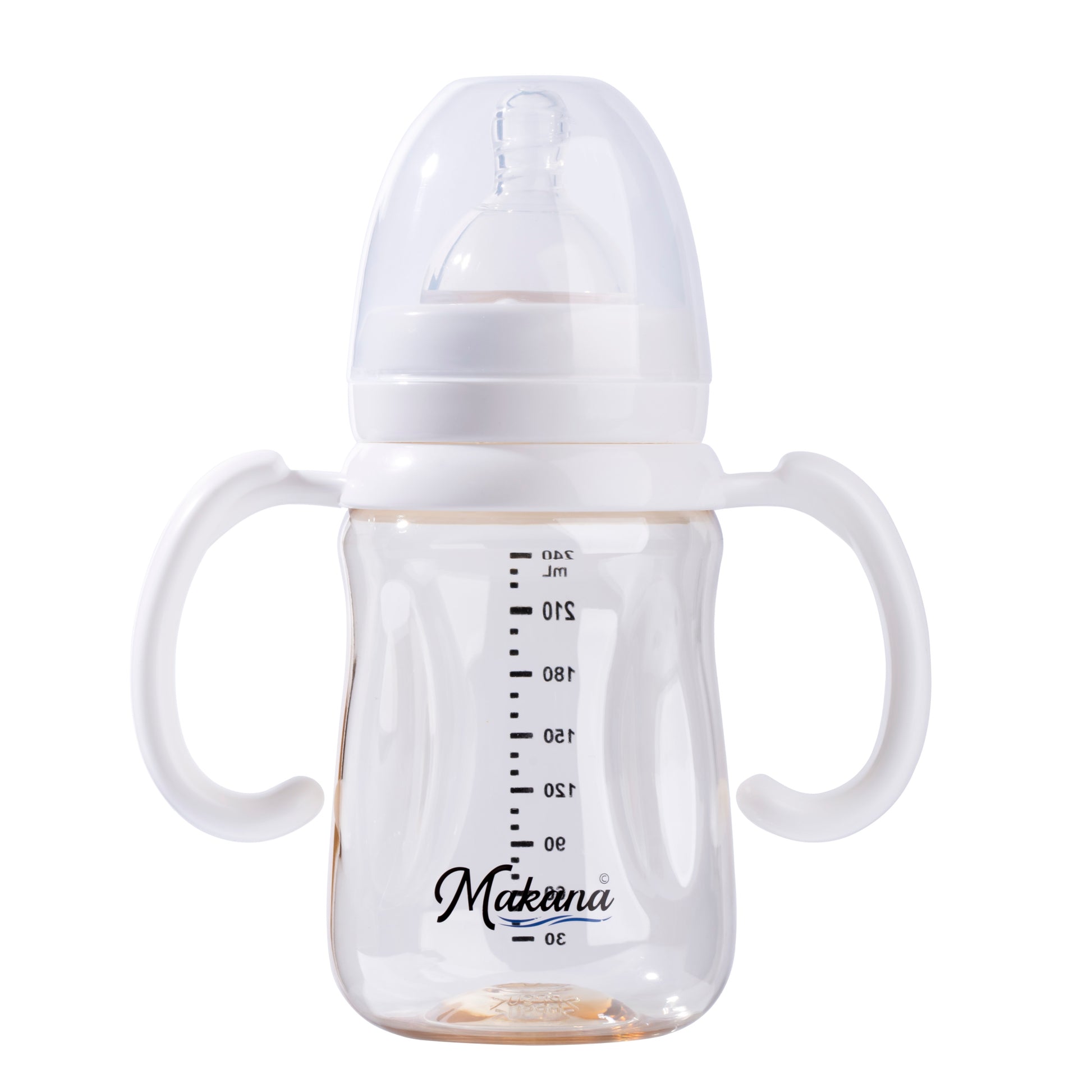 Makana wide neck PPSU baby feeding bottle installed with official easy grip trainer handle.