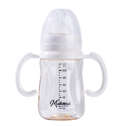 Makana wide neck PPSU baby feeding bottle installed with official easy grip trainer handle.