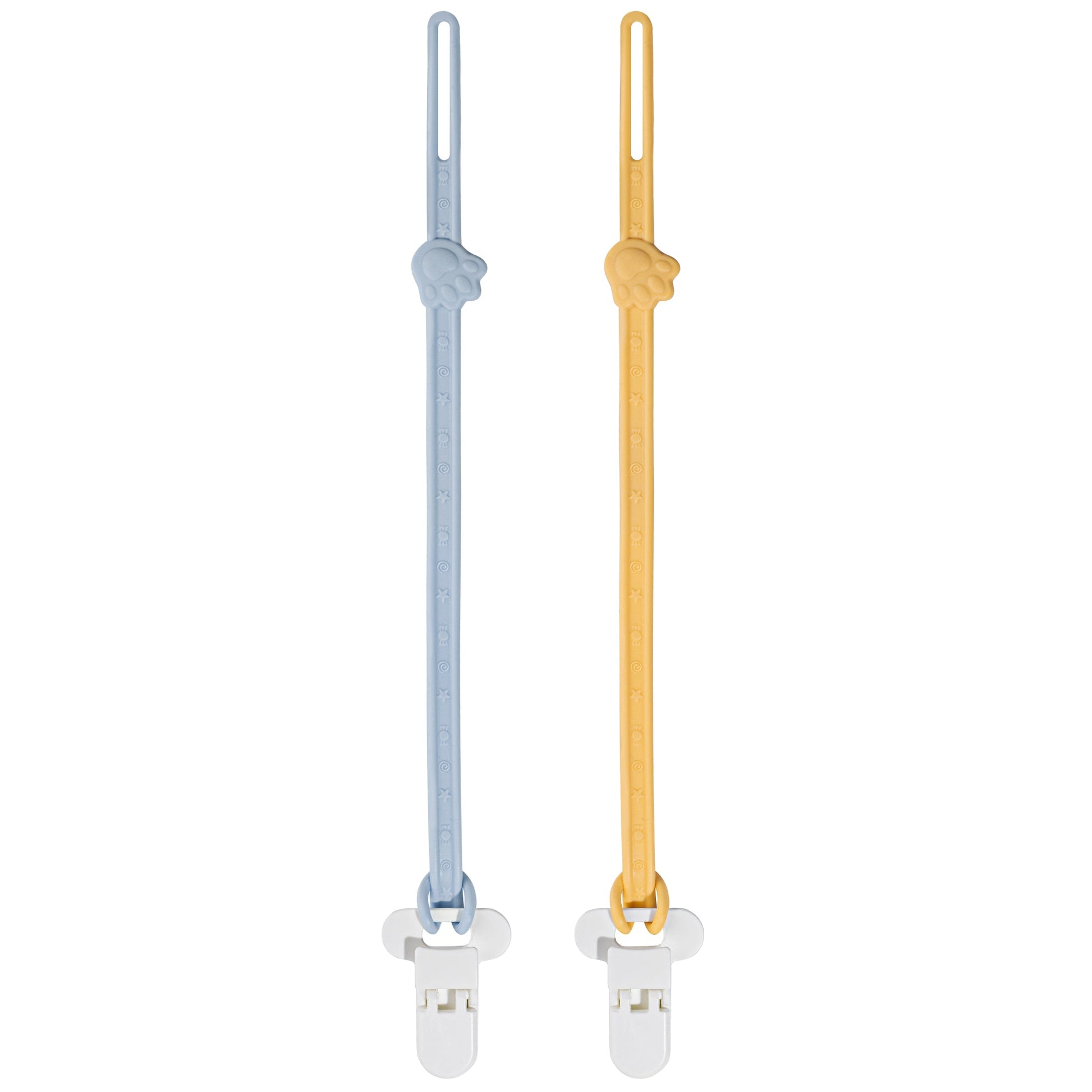 Makana silicone pacifier clip 2 pack showing one blue and one yellow teething strap with white clothing-safe plastic clamps.
