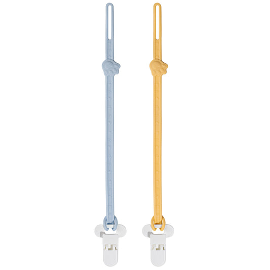 Makana silicone pacifier clip 2 pack showing one blue and one yellow teething strap with white clothing-safe plastic clamps.