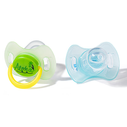 Makana silicone pacifier for newborn 2-pack with symmetrical design in green and blue.