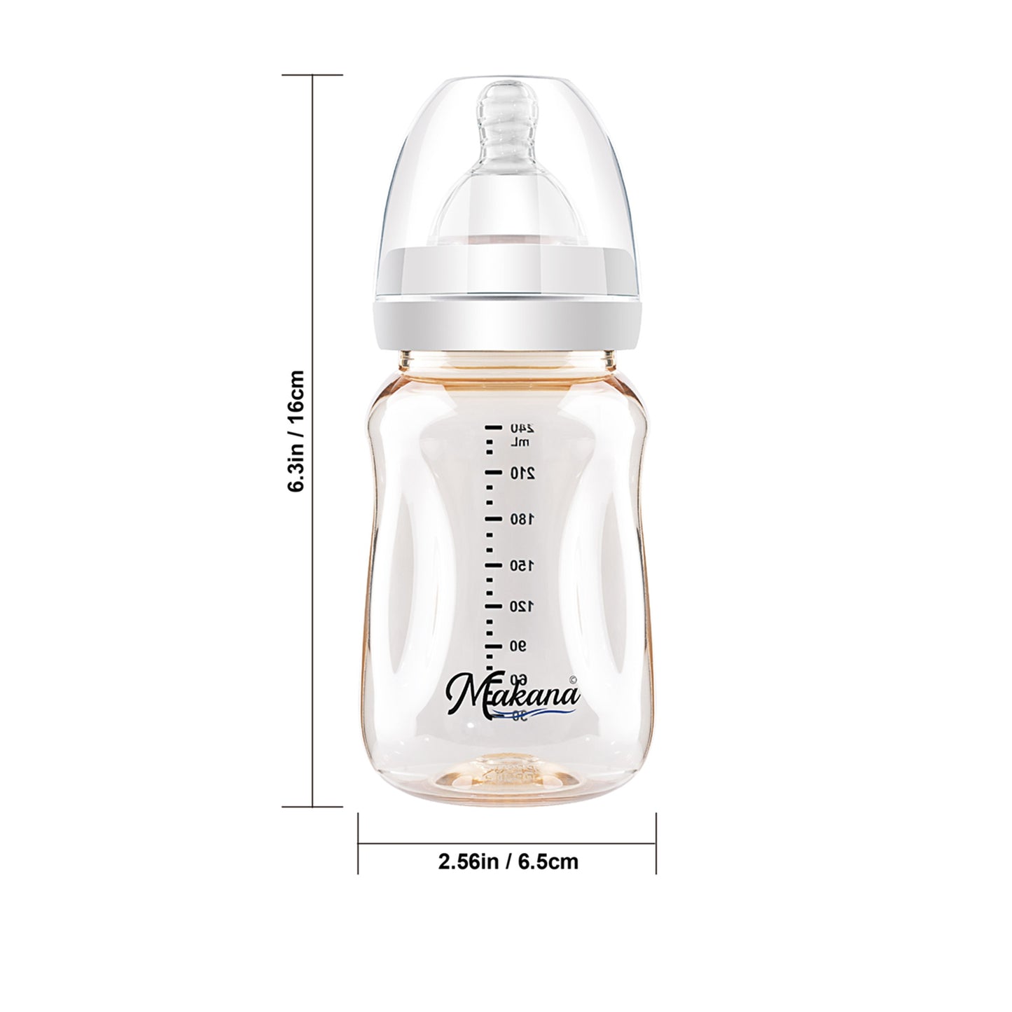 Product size and dimensions of our ergonomic newborn bottles showing 6.3 inches height.
