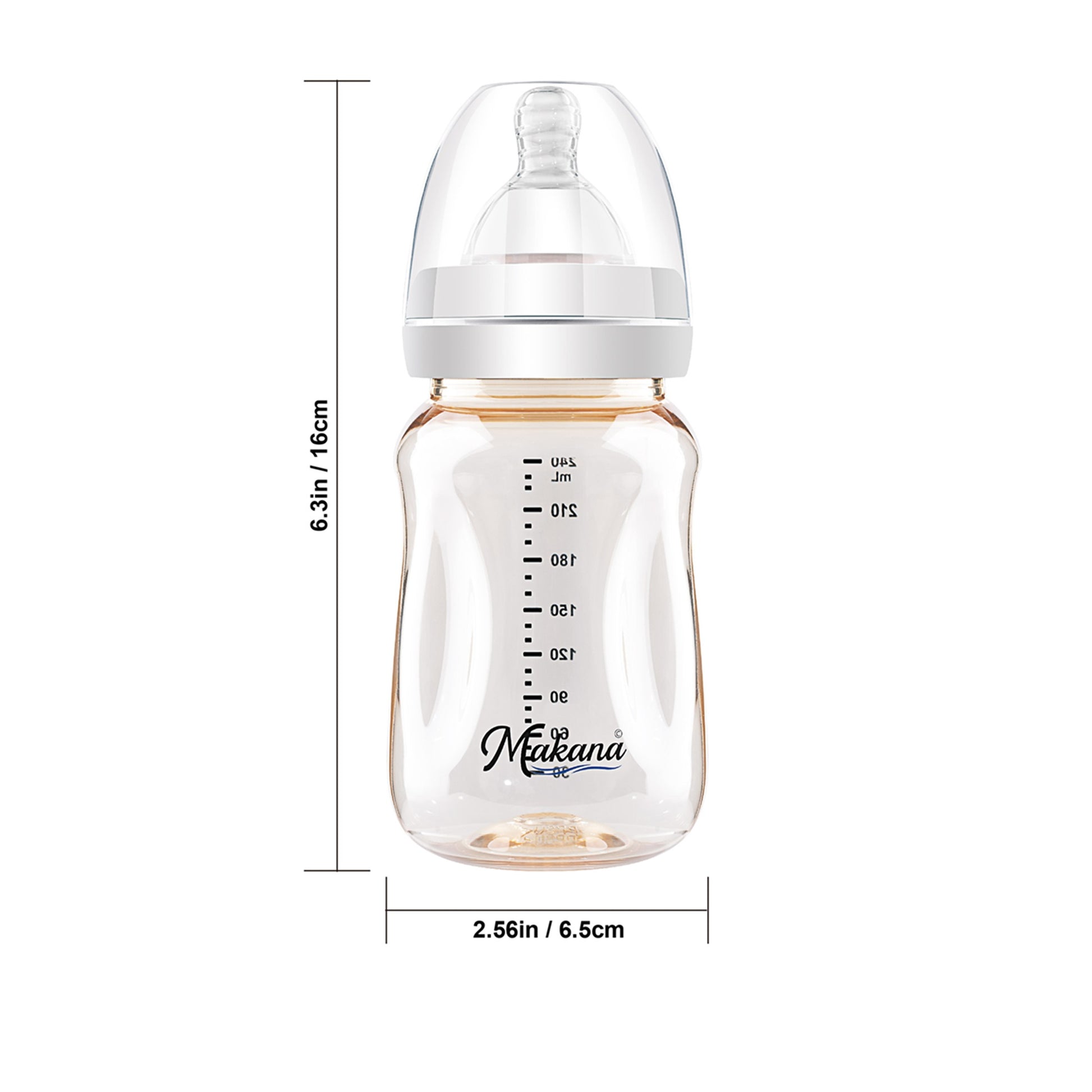 Product size and dimensions of our ergonomic newborn bottles showing 6.3 inches height.