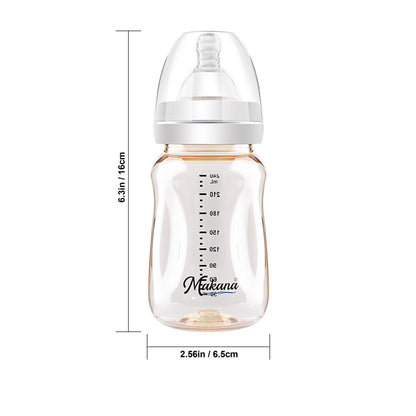 Product size and dimensions of our ergonomic newborn bottles showing 6.3 inches height.