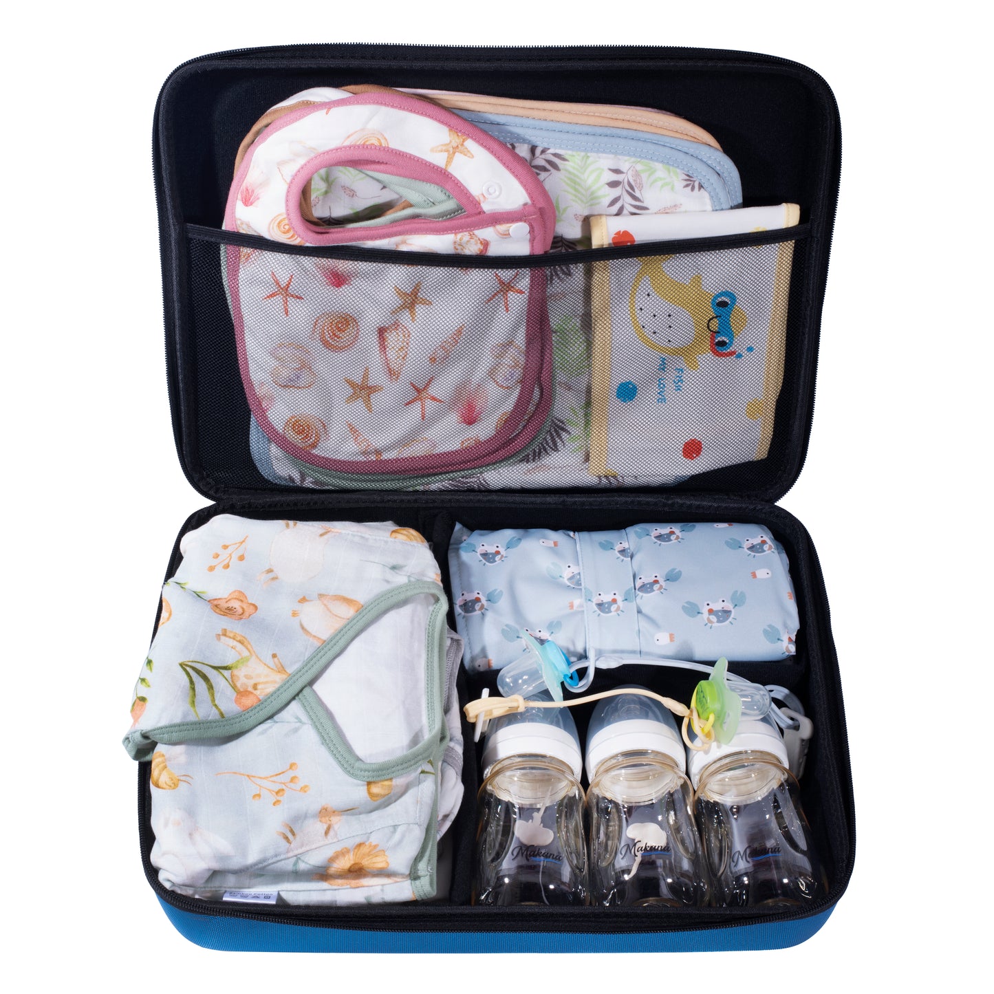 An open black travel bag displaying a comprehensive newborn essentials gift set, including bottles, muslin clothes, bibs, and handkerchiefs on a white background.