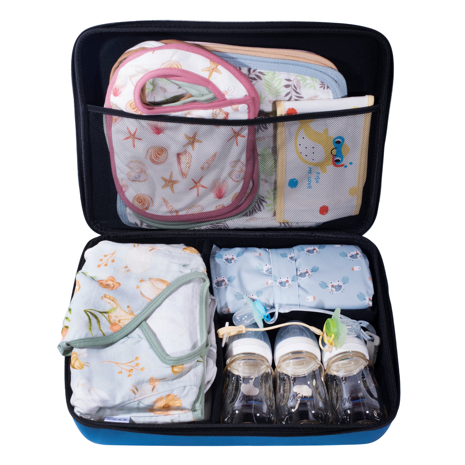 An open black travel bag displaying a comprehensive newborn essentials gift set, including bottles, muslin clothes, bibs, and handkerchiefs on a white background.