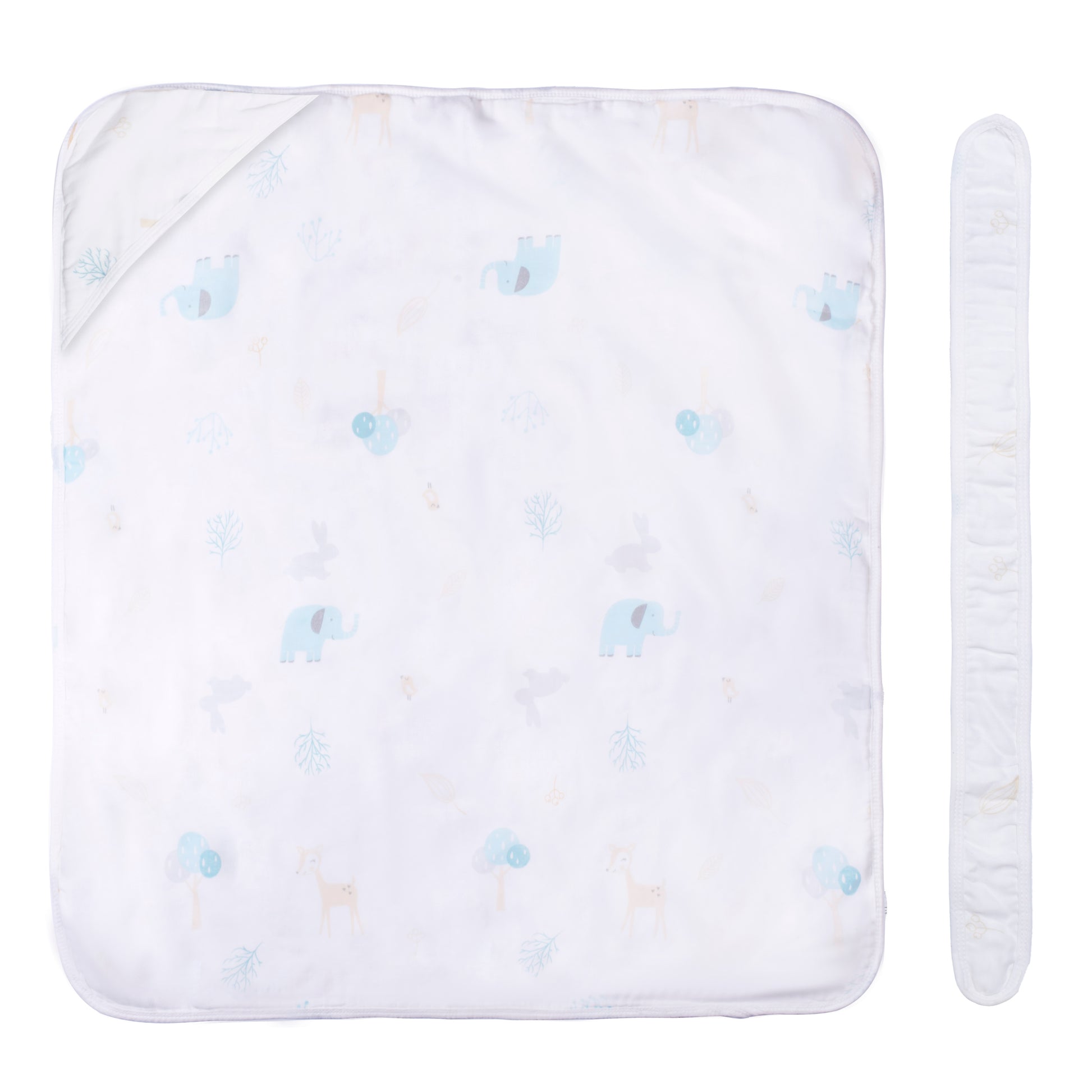 An organic baby swaddle wrap for infant with an attached hood and a matching non-stretch fabric tie for comfortable wrapping.